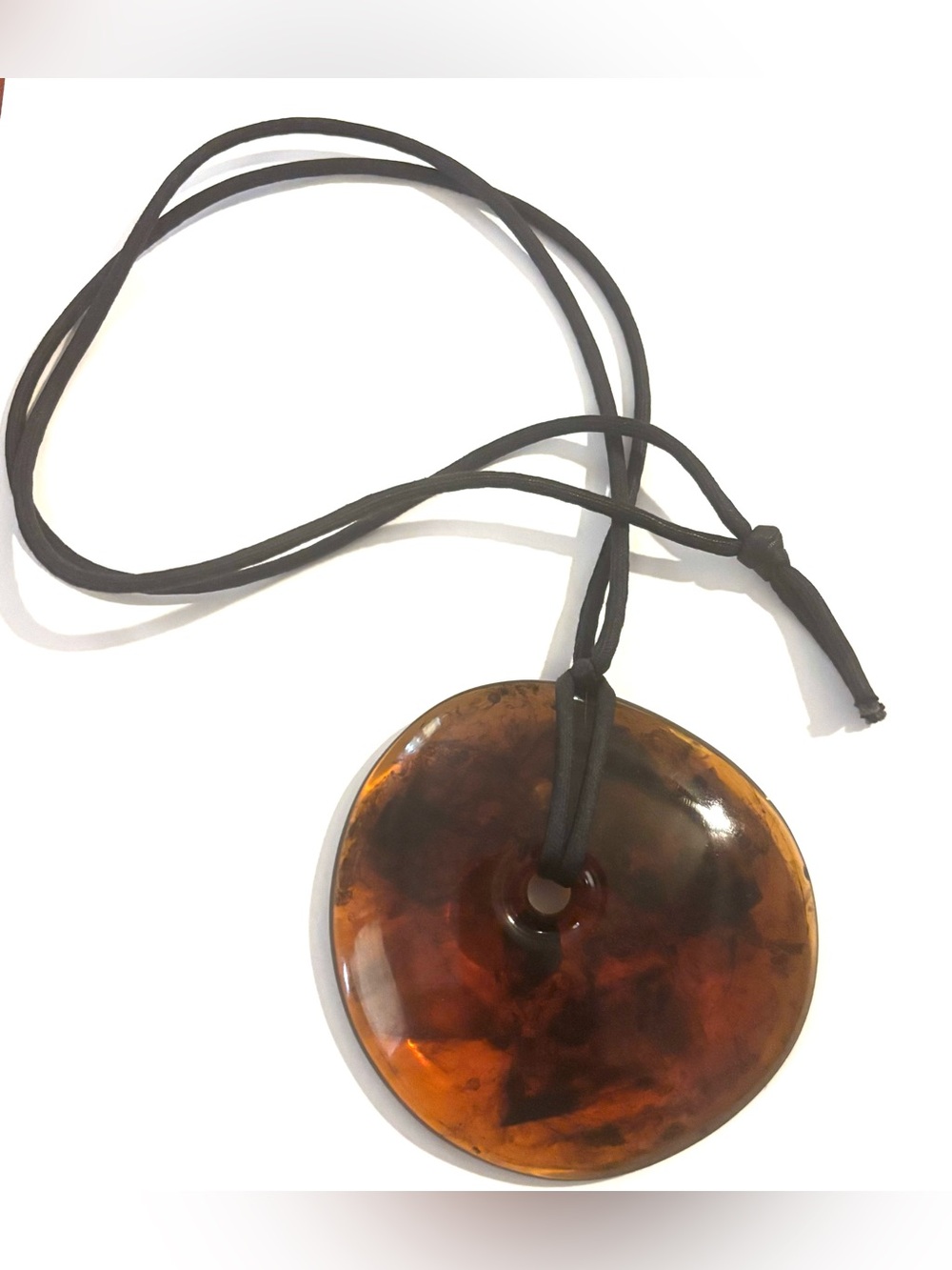 Tortoiseshell Round plastic Pendant Necklace with Black Cord